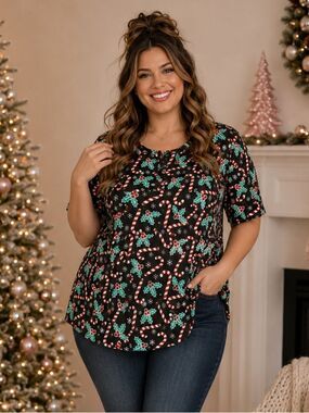 Modcloth Winning Them Over Short Sleeve Holiday Top Black Candy Cane 1X NWT